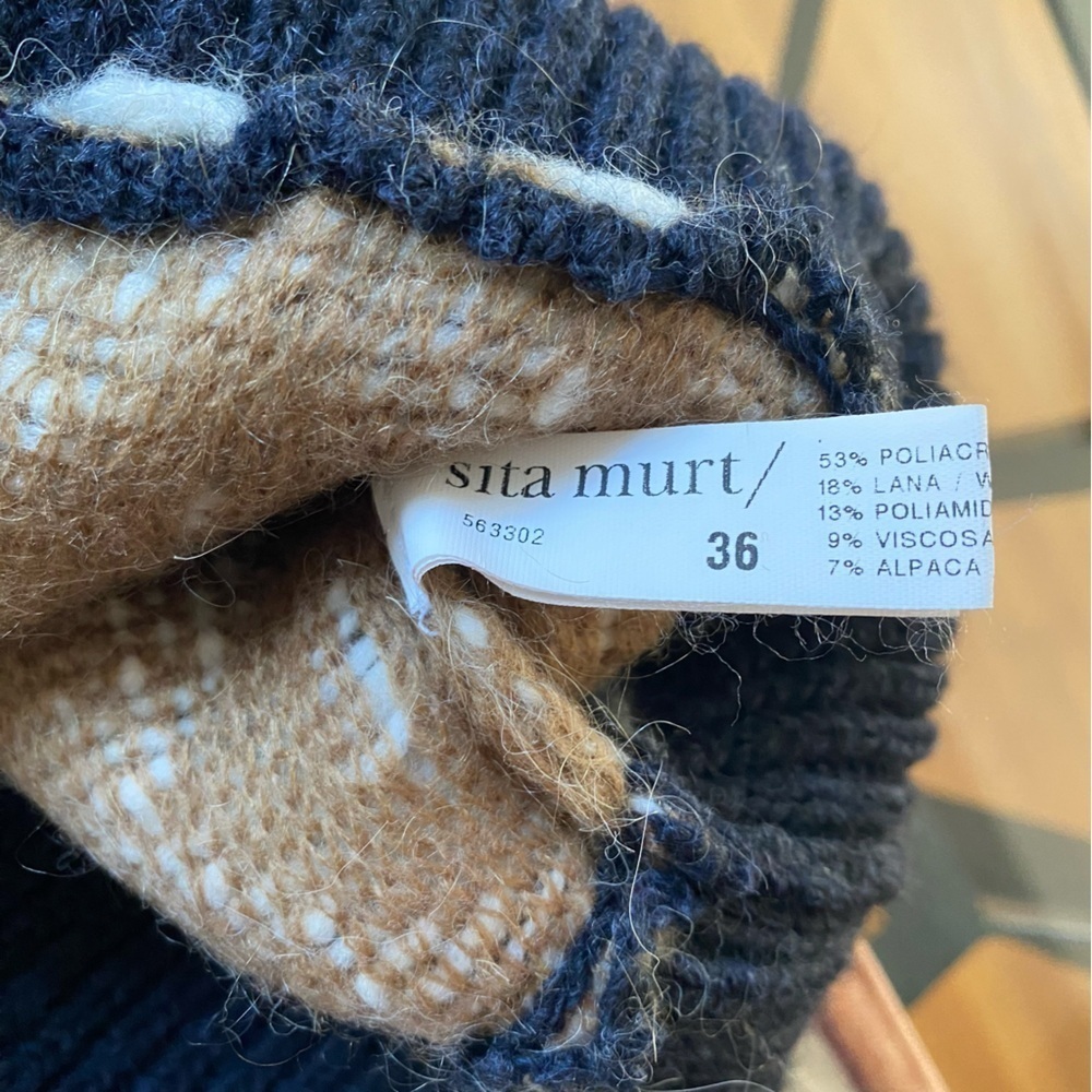 Sita Murt Scandinavian Wool Blend Knit Crewneck Sweater Blue Tan White Small - Picture 15 of 16
